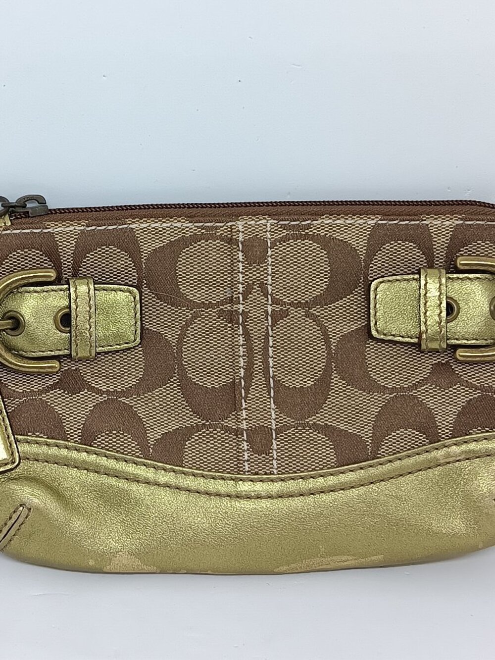 Y2K Coach Soho Signature Dual Buckle Flat Wristlet Pouch in Khaki / Brown / Gold